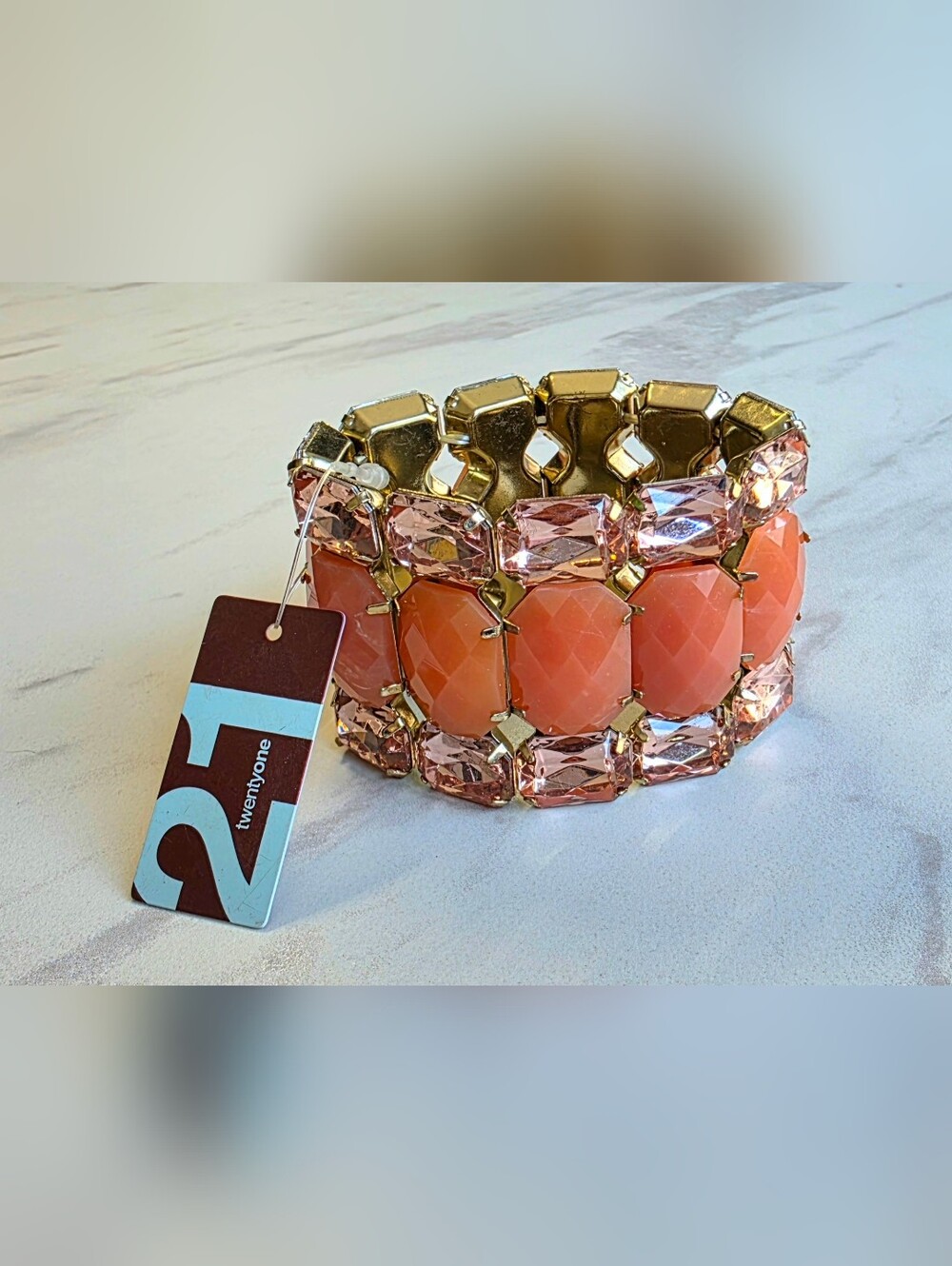 Twentyone Pink Crystal Gold Tone Stretch Cuff Bangle Bracelet Stackable.